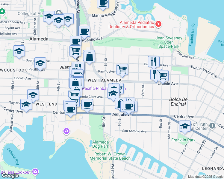 map of restaurants, bars, coffee shops, grocery stores, and more near 833 Haight Avenue in Alameda