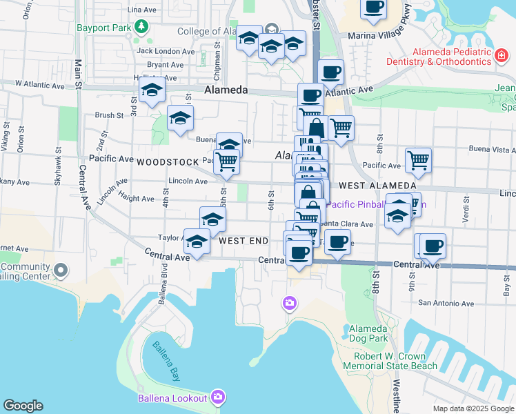 map of restaurants, bars, coffee shops, grocery stores, and more near 555 Haight Avenue in Alameda