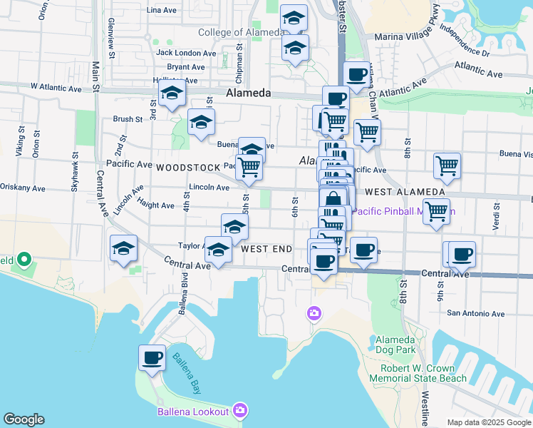 map of restaurants, bars, coffee shops, grocery stores, and more near 511 Haight Avenue in Alameda
