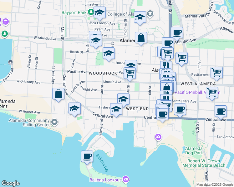 map of restaurants, bars, coffee shops, grocery stores, and more near 433 Haight Avenue in Alameda