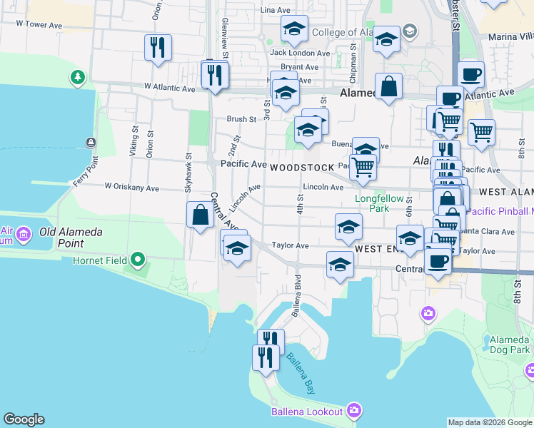 map of restaurants, bars, coffee shops, grocery stores, and more near 308 Haight Avenue in Alameda