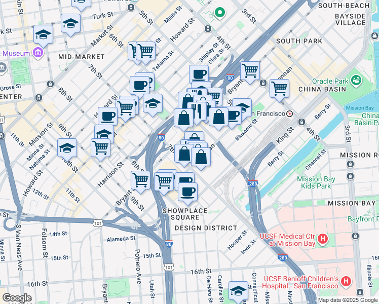 map of restaurants, bars, coffee shops, grocery stores, and more near 40 Boardman Place in San Francisco