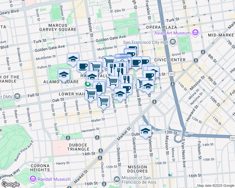 map of restaurants, bars, coffee shops, grocery stores, and more near in San Francisco