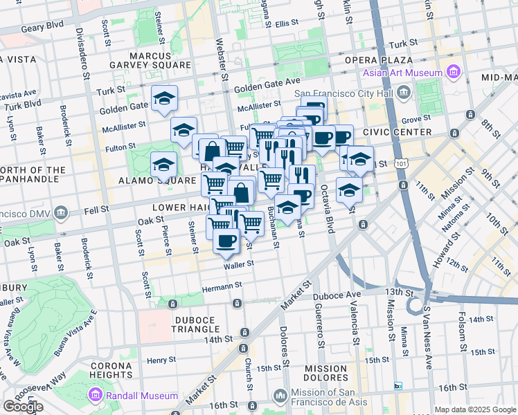 map of restaurants, bars, coffee shops, grocery stores, and more near 518 Oak Street in San Francisco