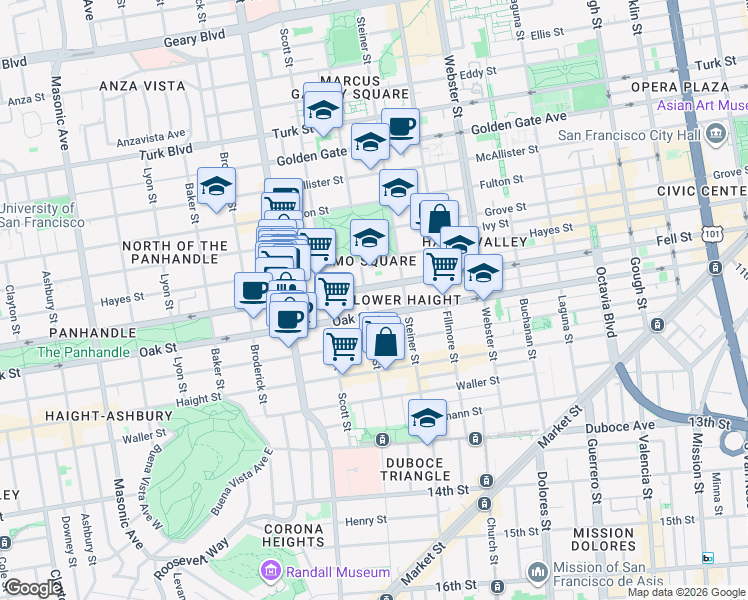 map of restaurants, bars, coffee shops, grocery stores, and more near 418 Pierce Street in San Francisco