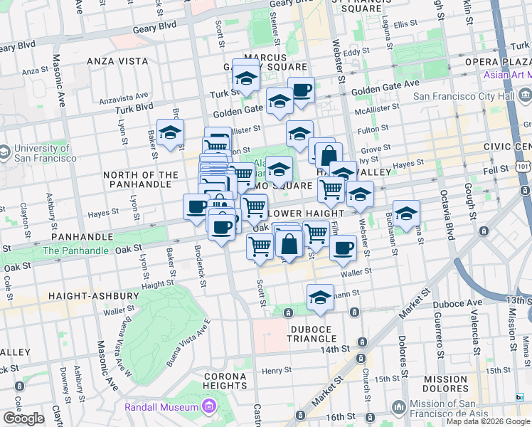 map of restaurants, bars, coffee shops, grocery stores, and more near 1004 Fell Street in San Francisco