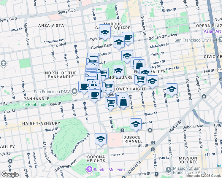 map of restaurants, bars, coffee shops, grocery stores, and more near 1004 Fell Street in San Francisco