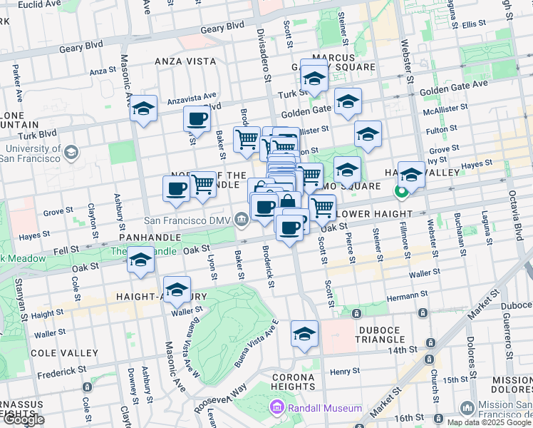 map of restaurants, bars, coffee shops, grocery stores, and more near 1369 Hayes Street in San Francisco