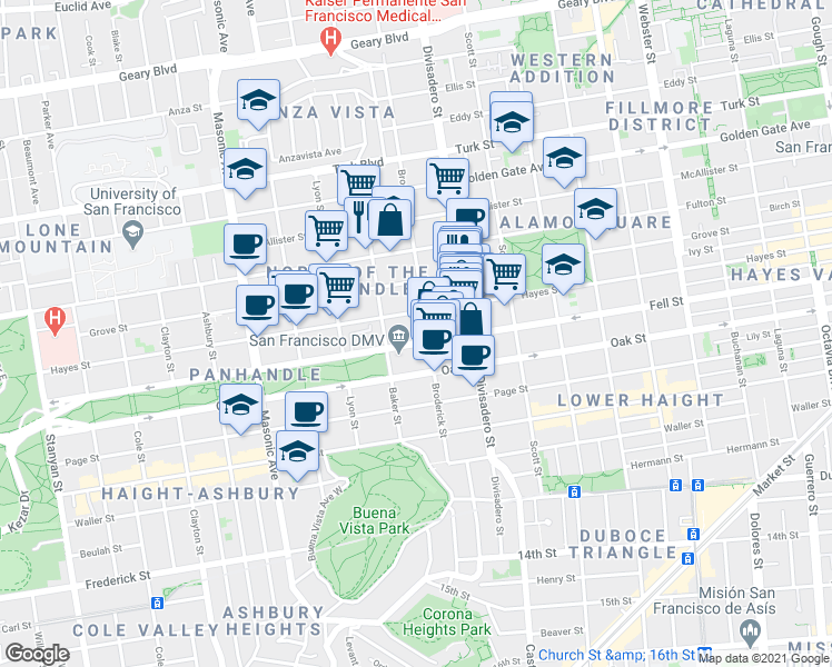 map of restaurants, bars, coffee shops, grocery stores, and more near 1469 Hayes Street in San Francisco