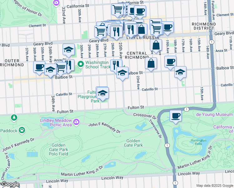 map of restaurants, bars, coffee shops, grocery stores, and more near 2500 Cabrillo Street in San Francisco