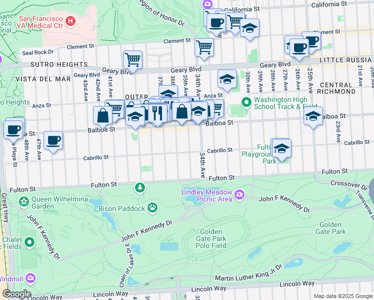 map of restaurants, bars, coffee shops, grocery stores, and more near 770 36th Avenue in San Francisco