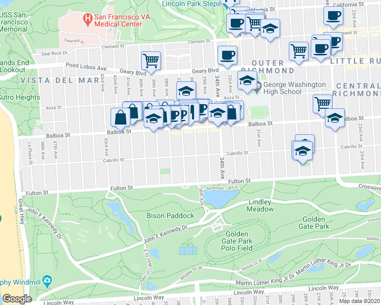 map of restaurants, bars, coffee shops, grocery stores, and more near 770 36th Avenue in San Francisco