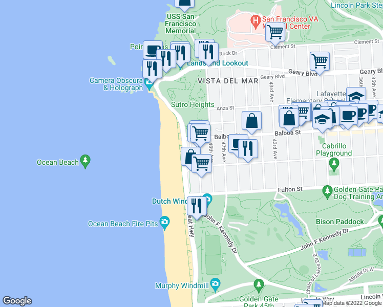 map of restaurants, bars, coffee shops, grocery stores, and more near 730 A Great Highway in San Francisco