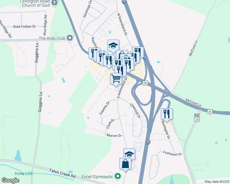 map of restaurants, bars, coffee shops, grocery stores, and more near 128 South Keeneland Drive in Richmond
