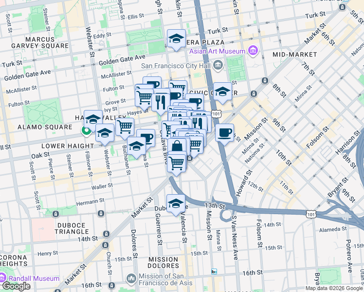 map of restaurants, bars, coffee shops, grocery stores, and more near Gough St & Page St in San Francisco