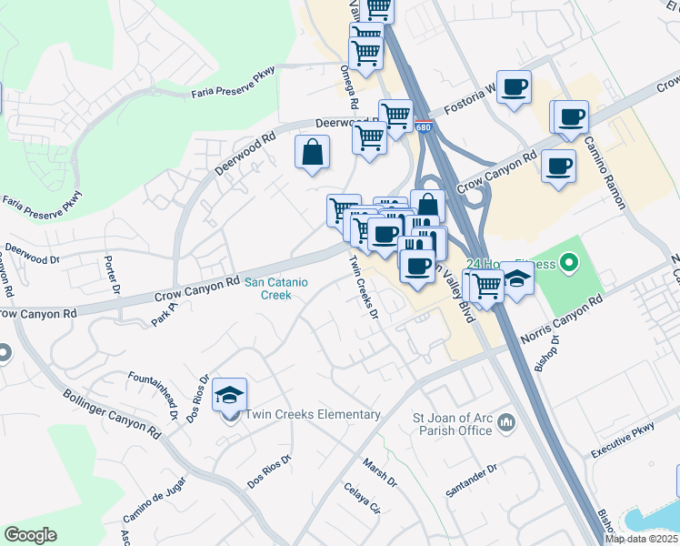 map of restaurants, bars, coffee shops, grocery stores, and more near 2782 Canyon Creek Drive in San Ramon