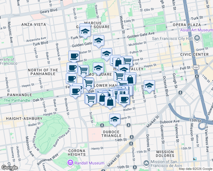map of restaurants, bars, coffee shops, grocery stores, and more near 919 Fell Street in San Francisco