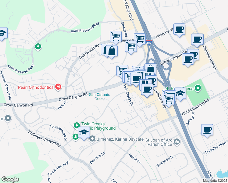 map of restaurants, bars, coffee shops, grocery stores, and more near 2817 Crow Canyon Road in San Ramon