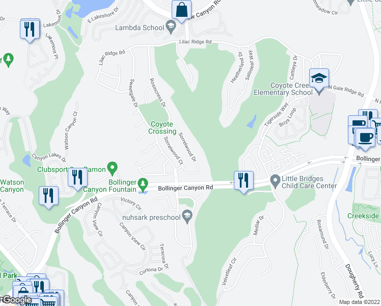 map of restaurants, bars, coffee shops, grocery stores, and more near 3031 Sorrelwood Drive in San Ramon