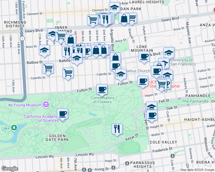 map of restaurants, bars, coffee shops, grocery stores, and more near Fulton Street & 2nd Avenue in San Francisco