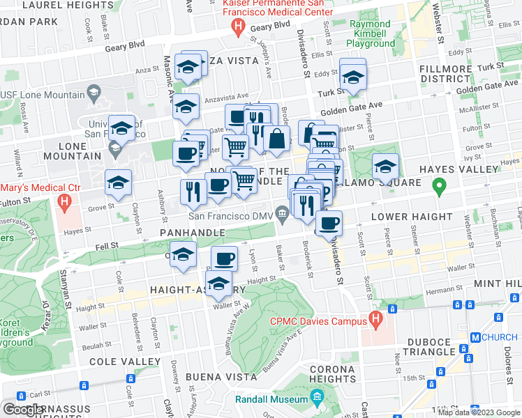 map of restaurants, bars, coffee shops, grocery stores, and more near 1599 Hayes Street in San Francisco