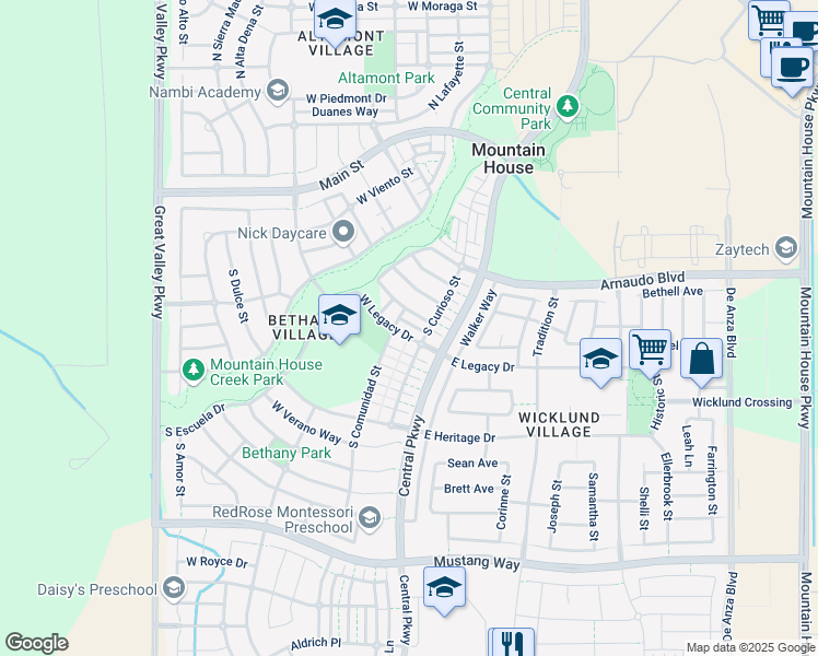map of restaurants, bars, coffee shops, grocery stores, and more near 156 Invitar Lane in Tracy