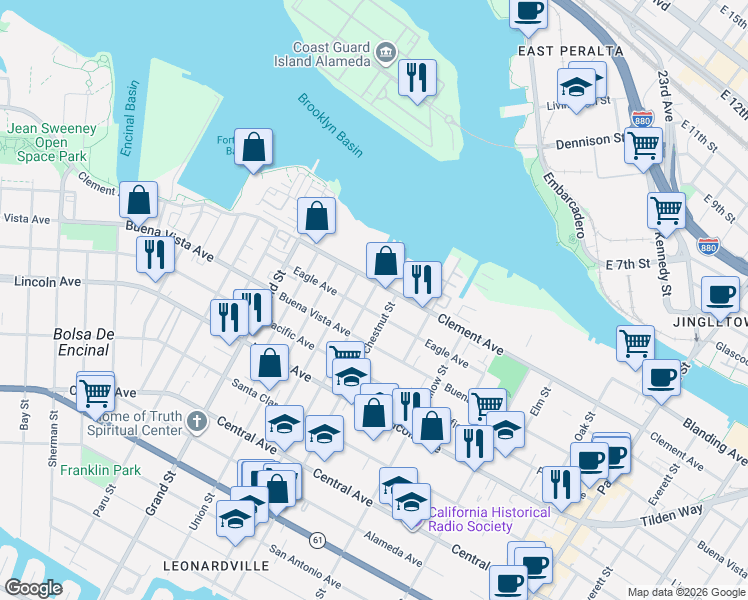map of restaurants, bars, coffee shops, grocery stores, and more near 1912 Lafayette Street in Alameda
