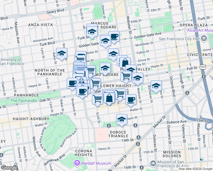 map of restaurants, bars, coffee shops, grocery stores, and more near 418 Pierce Street in San Francisco