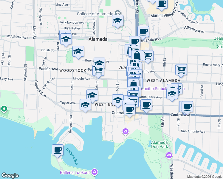 map of restaurants, bars, coffee shops, grocery stores, and more near 555 Haight Avenue in Alameda