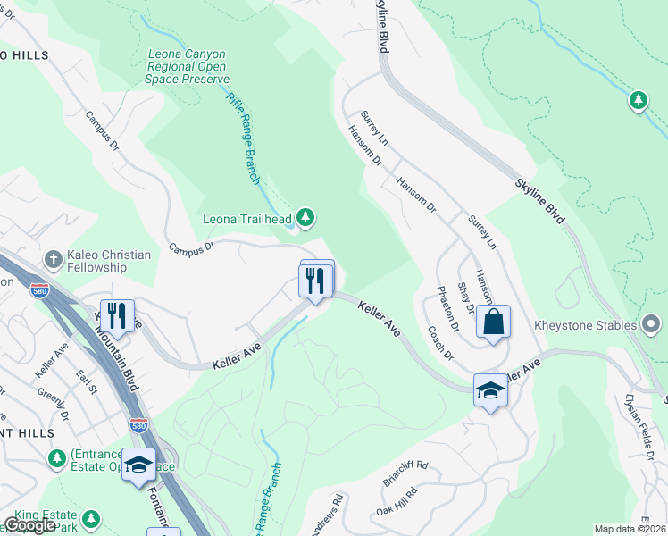 map of restaurants, bars, coffee shops, grocery stores, and more near 720 Canyon Oaks Drive in Oakland