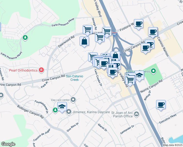 map of restaurants, bars, coffee shops, grocery stores, and more near 2782 Canyon Creek Drive in San Ramon