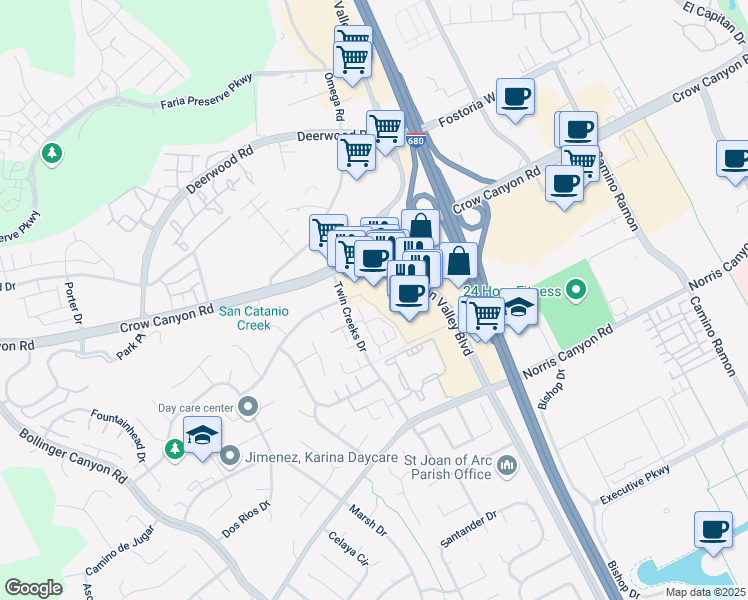 map of restaurants, bars, coffee shops, grocery stores, and more near 2435 San Ramon Valley Boulevard in San Ramon