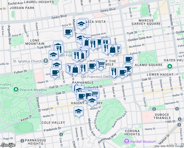 map of restaurants, bars, coffee shops, grocery stores, and more near Hayes Street & Central Avenue in San Francisco