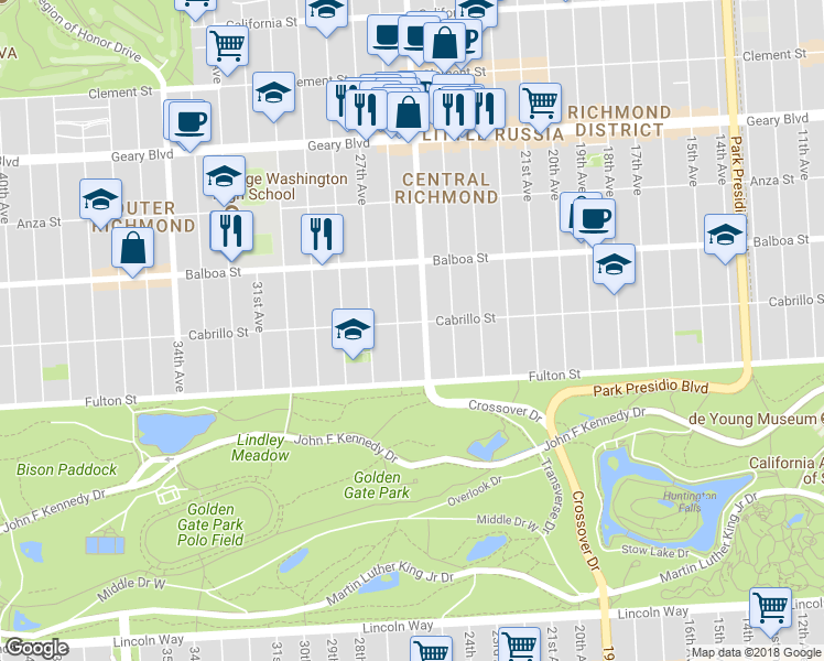 map of restaurants, bars, coffee shops, grocery stores, and more near 2427 Cabrillo Street in San Francisco