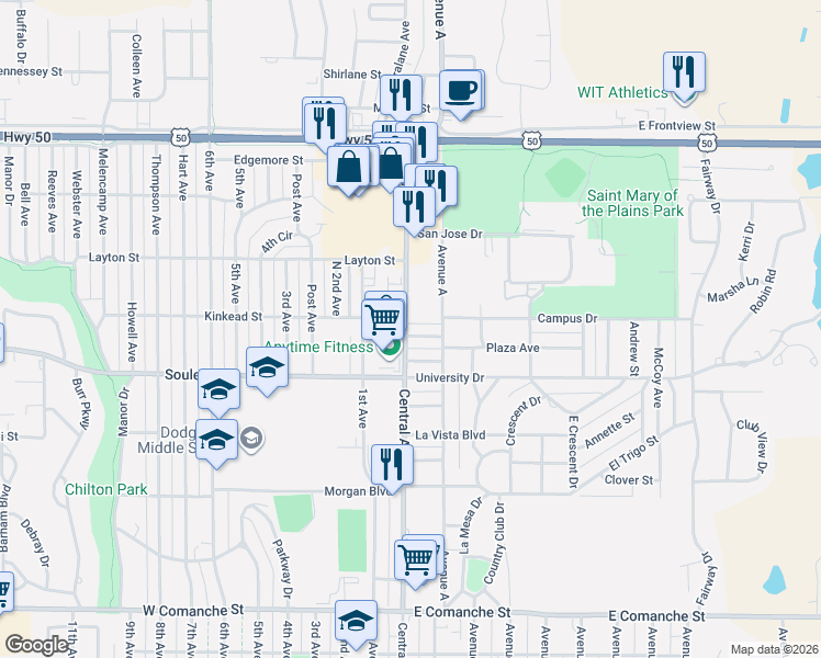 map of restaurants, bars, coffee shops, grocery stores, and more near 2301 Avenue A in Dodge City