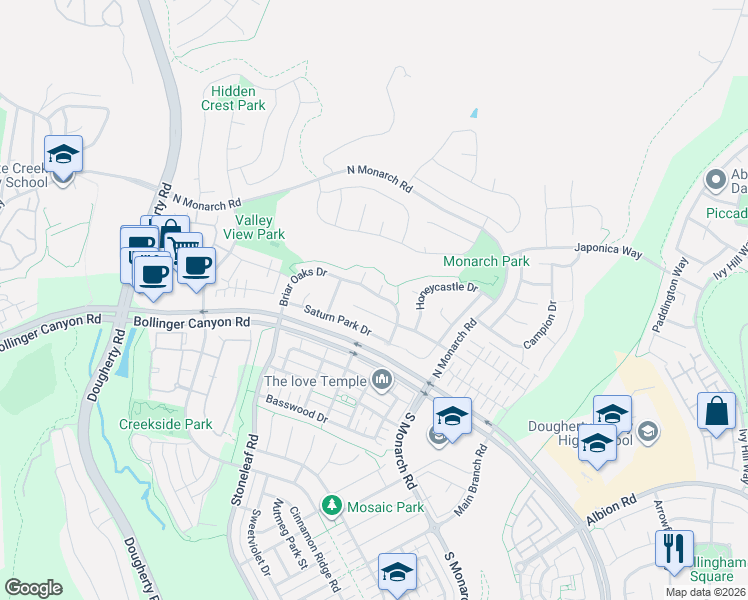 map of restaurants, bars, coffee shops, grocery stores, and more near 8148 Briar Oaks Drive in San Ramon