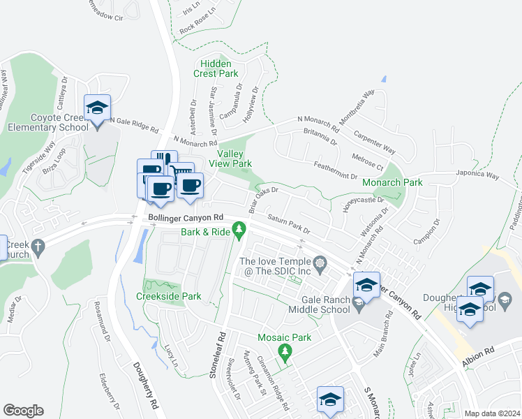 map of restaurants, bars, coffee shops, grocery stores, and more near 501 Deldrin Court in San Ramon