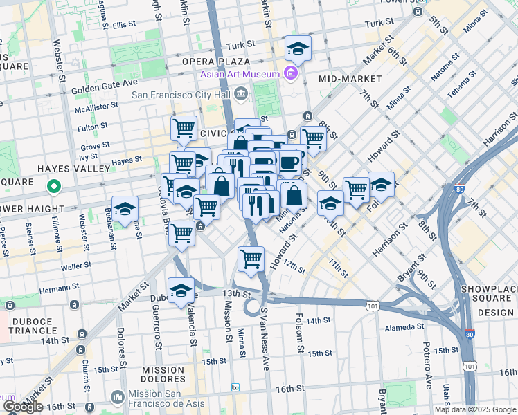 map of restaurants, bars, coffee shops, grocery stores, and more near 86 11th Street in San Francisco
