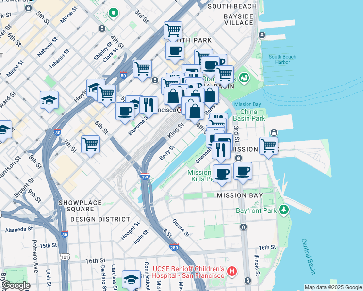 map of restaurants, bars, coffee shops, grocery stores, and more near 235 Berry Street in San Francisco