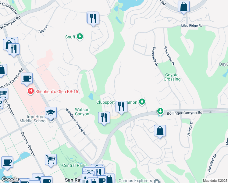 map of restaurants, bars, coffee shops, grocery stores, and more near 705 Watson Canyon Court in San Ramon