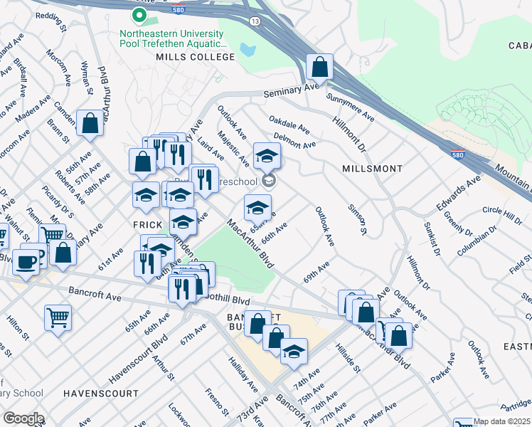 map of restaurants, bars, coffee shops, grocery stores, and more near 3425 64th Avenue Place in Oakland