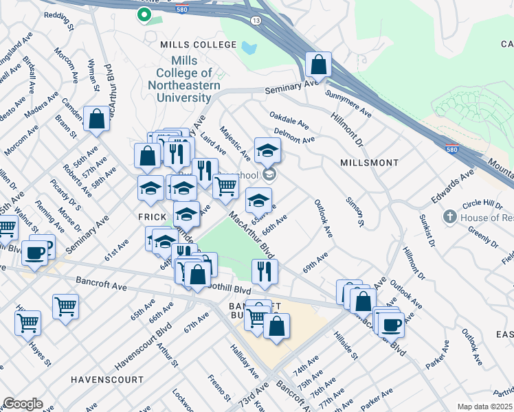 map of restaurants, bars, coffee shops, grocery stores, and more near 3425 64th Avenue Place in Oakland
