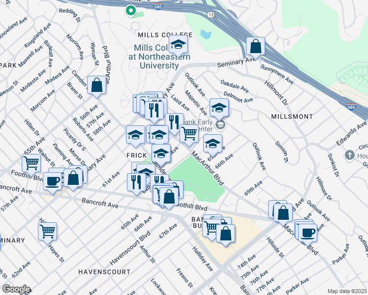 map of restaurants, bars, coffee shops, grocery stores, and more near 3243 63rd Avenue in Oakland