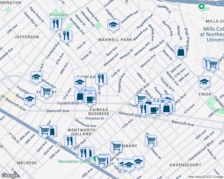 map of restaurants, bars, coffee shops, grocery stores, and more near 5350 Trask Street in Oakland