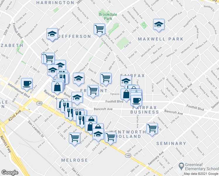 map of restaurants, bars, coffee shops, grocery stores, and more near 2122 50th Avenue in Oakland
