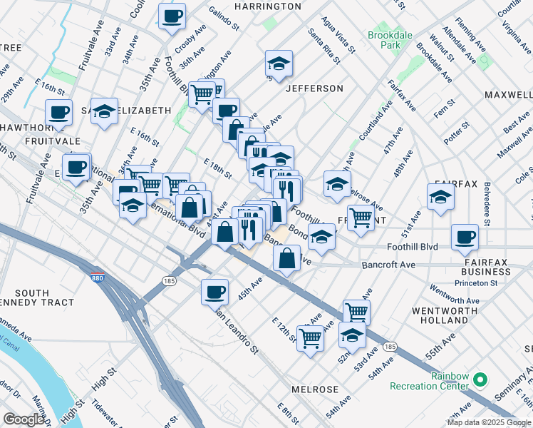 map of restaurants, bars, coffee shops, grocery stores, and more near 1723 High Street in Oakland