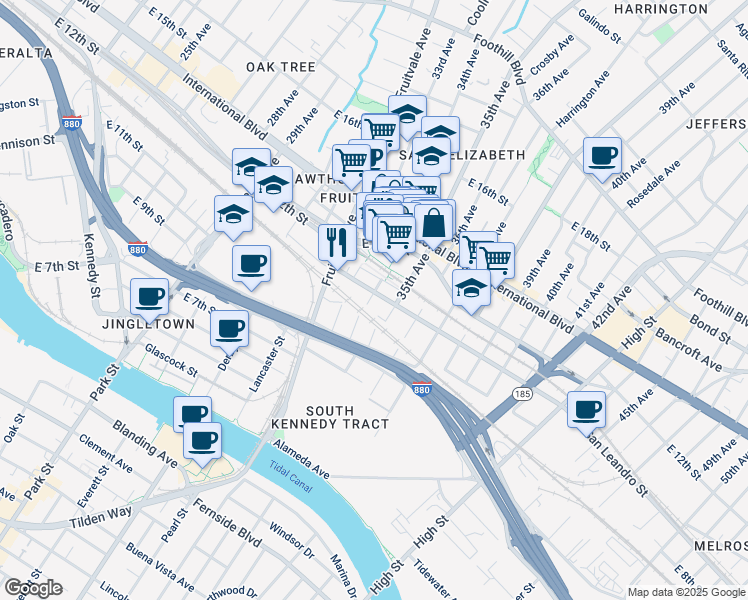 map of restaurants, bars, coffee shops, grocery stores, and more near 3420 San Leandro Street in Oakland
