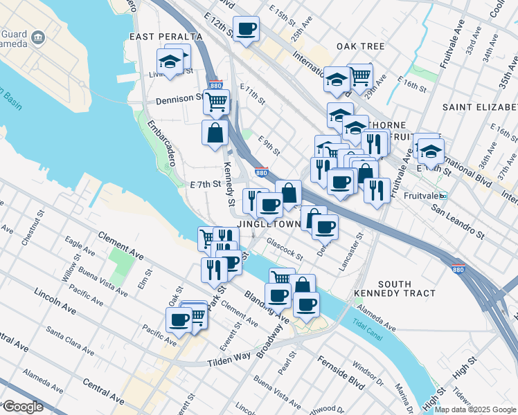 map of restaurants, bars, coffee shops, grocery stores, and more near 2832 Chapman Street in Oakland