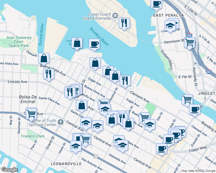 map of restaurants, bars, coffee shops, grocery stores, and more near 1921 Lafayette Street in Alameda