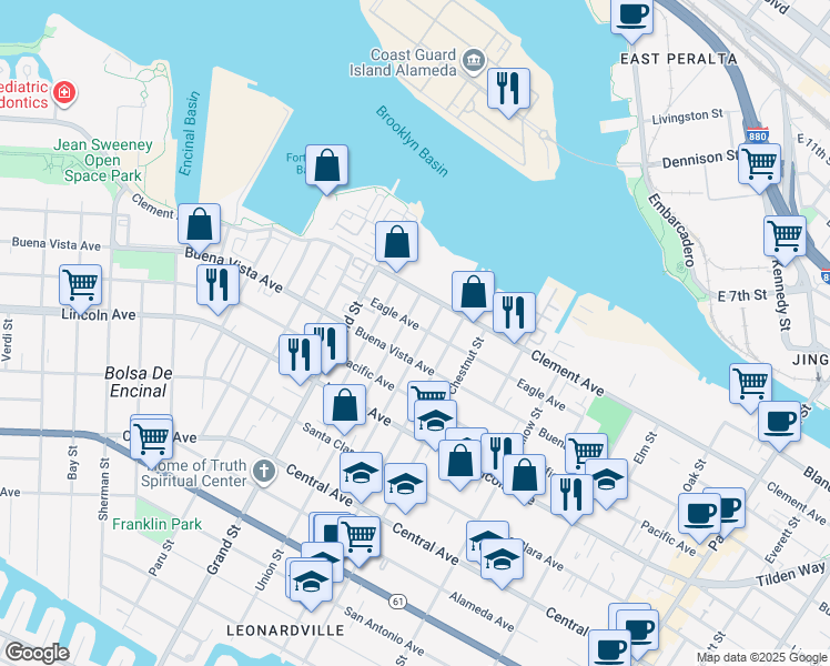 map of restaurants, bars, coffee shops, grocery stores, and more near 1805 Eagle Avenue in Alameda